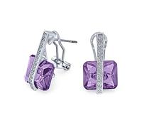 Art Deco Style Square Gemstone Cubic Zirconia AAA Rectangle Simulated Lavender Alexandrite Emerald Cut CZ Drop Earrings For Women Silver Plated Omega Back June Birthstone