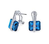 Art Deco Style Square Gemstone Cubic Zirconia AAA Rectangle Simulated London Blue Topaz Emerald Cut CZ Drop Earrings For Women Silver Plated Omega Back December Birthstone