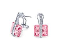 Art Deco Style Square Gemstone Cubic Zirconia AAA Rectangle Simulated Pink Tourmaline Emerald Cut CZ Drop Earrings For Women Silver Plated Omega Back October Birthstone