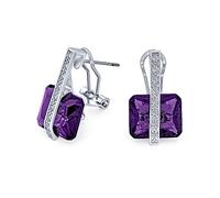 Art Deco Style Square Gemstone Cubic Zirconia AAA Rectangle Simulated Purple Amethyst Emerald Cut CZ Drop Earrings For Women Silver Plated Omega Back February Birthstone