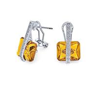 Art Deco Style Square Gemstone Cubic Zirconia AAA Rectangle Simulated Yellow Citrine Emerald Cut CZ Drop Earrings For Women Silver Plated Omega Back November Birthstone