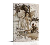 Art Deco Style The Voice in The Rice by J.C. Leyendecker 1909 Wall Art Poster Featuring Canoe And Figures Cool Artworks Painting Wall Art Canvas Prints Hanging Picture Home Decors Gift Idea Frame 16x2