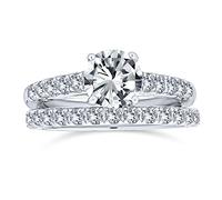 Art Deco Style Traditional Cubic Zirconia Round Brilliant Cut Round Solitaire Eternity Band AAA CZ Anniversary Wedding Engagement Ring Set Band For Women .925 Sterling Silver