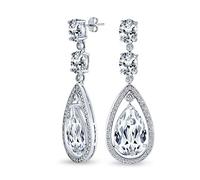 Art Deco Style Wedding Clear AAA Cubic Zirconia Halo Large Teardrop CZ Statement Dangle Chandelier Earrings For Women Bridal Party Silver Plated