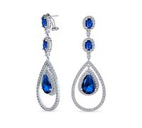 Art Deco Style Wedding Simulated Blue Sapphire AAA Cubic Zirconia Double Halo Large Teardrop CZ Statement Dangle Chandelier Earrings For Women Bridal Party Silver Plated