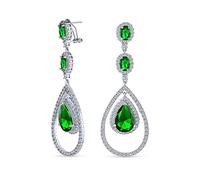Art Deco Style Wedding Simulated Green Emerald AAA Cubic Zirconia Double Halo Large Teardrop CZ Statement Dangle Chandelier Earrings For Women Bridal Party Silver Plated