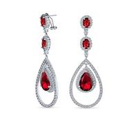 Art Deco Style Wedding Simulated Red Ruby AAA Cubic Zirconia Double Halo Large Teardrop CZ Statement Dangle Chandelier Earrings For Women Bridal Party Silver Plated