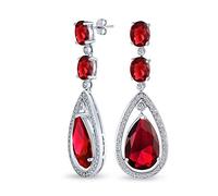 Art Deco Style Wedding Simulated Red Ruby AAA Cubic Zirconia Halo Large Teardrop CZ Statement Dangle Chandelier Earrings For Women Bridal Party Silver Plated