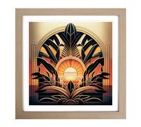 Art Deco Sunset Neo-Traditional Framed Print | 18x18 Inch Oak Framed Wall Art | Ready to Hang | Art Deco Landscape Picture | Living Room Bedroom Lounge Office