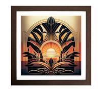 Art Deco Sunset Neo-Traditional Framed Print | 18x18 Inch Walnut Framed Wall Art | Ready to Hang | Art Deco Landscape Picture | Living Room Bedroom Lounge Office