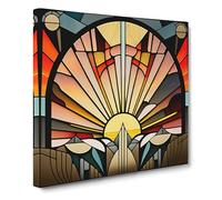 Art Deco Sunset Stained Glass Effect | Canvas Wall Art Print | Framed Ready to Hang Picture | Modern Art for Living Room Bedroom Kitchen Home | 14x14 Inch