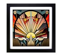 Art Deco Sunset Stained Glass Effect Framed Print | 18x18 Inch Black Framed Wall Art | Ready to Hang | Art Deco Landscape Picture | Living Room Bedroom Lounge Office