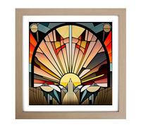 Art Deco Sunset Stained Glass Effect Framed Print | 18x18 Inch Oak Framed Wall Art | Ready to Hang | Art Deco Landscape Picture | Living Room Bedroom Lounge Office