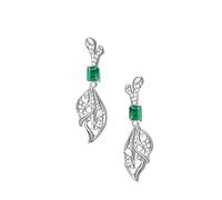 Art Deco Vintage Earring, Unique Dangle Earrings for Women Diamond Leaves with 1.4ct Created Emerald 18K White Gold