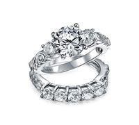 Art Deco Vintage Style Cubic Zirconia 3CT Brilliant Cut Round Solitaire Three Stone Past Present Future Side Stones CZ Anniversary Engagement Ring Set Band For Women .925 Sterling Silver