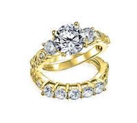 Art Deco Vintage Style Cubic Zirconia 3CTW Brilliant Cut Round Solitaire Three Stone Past Present Future Side Stones CZ Anniversary Engagement Ring Set Band For Women Gold Plated Sterling Silver