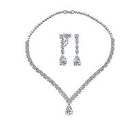 Art Deco Vintage Style Leaf Teardrop Cubic Zirconia AAA CZ Choker Collar V Statement Necklace & Chandelier Dangle Clip on Earrings Bridal Jewelry Set For Women Wedding Prom Pageant Silver Plated