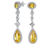 Art Deco Vintage Style Wedding Canary Yellow AAA Cubic Zirconia Halo Long Pear Solitaire Teardrop CZ Statement Dangle Chandelier Earrings For Women Bridal Party Silver Plated