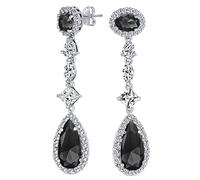 Art Deco Vintage Style Wedding Simulated Black Onyx AAA Cubic Zirconia Halo Long Pear Solitaire Teardrop CZ Statement Dangle Chandelier Earrings For Women Bridal Party Silver Plated