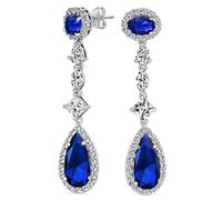 Art Deco Vintage Style Wedding Simulated Royal Blue Sapphire AAA Cubic Zirconia Halo Long Pear Solitaire Teardrop CZ Statement Dangle Chandelier Earrings For Women Bridal Party Silver Plated