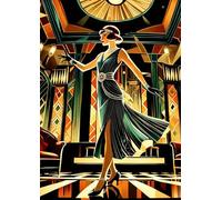 Art Deco Wall Art Print, 1920s Vintage Style woman/flapper girl dancing Illustration, Geometric Pattern Background. Size A4
