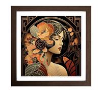 Art Deco Woman Floral Art Framed Print | 18x18 Inch Walnut Framed Wall Decor | Ready to Hang | Art Deco Floral Picture | Living Room Bedroom Lounge Office