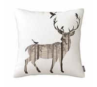 Art Deer Sofa Bed Home Decor Pillow Case Forest Deer with Bird Art Cushion Cover Cotton Linen 18 X 18 Inch