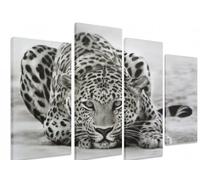 Art_Depot_Outlet PICTURE - Multi Split Panel Canvas Artwork Art - Leopard Ready To Pounce Attack Animal Black And White 4 Panel - 101cm x 71cm (40"x28")