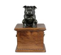 Art-Dog Urn for Dog Ashes - Handmade Memorial with Cold Cast Bronze Statue - Custom Pet Memorial Urn for Pet's Name, Dates, and Sculpture - 8.3x11.4x8.7” - Staffordshire Bull Terrier I