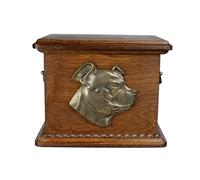 Art-Dog Urn for Dog Ashes - Handmade Memorial with Relief, Personalized Engraving, and Cold Cast Bronze Bust - Custom Pet Memorial Urn - 8.3x11.4x8.7” - Staffordshire Bullterrier