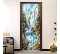 Art Door Stickers Roomdoor&Interior Doors Decoration Mural Lotus Pond Waterfall Florals Self Adhesive Door Stickers 77x200 cm for Bedroom Living Mondialel Scenery Anti Scratch, Dirt and Dust