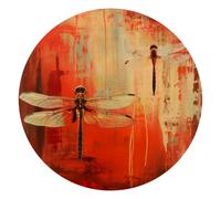 Art Dragonflies on Red Background Round Mouse Pad, Mousepad with Non-Slip Rubber Base, Computer Gaming Pads for Wireless Mouse, Easy Gliding