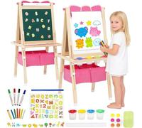 Art Easel for Kids with Paper Roll,Adjustable Wooden Kids Easel Double Sided,Whiteboard and Blackboard with 2 Large Storage, Painting Art Present for Girls and Boys