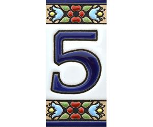 ART ESCUDELLERS Handcrafted Spanish Ceramic House Number Tile, Number Five '5', 2.87 * 1.38 inch, Traditional Spanish Ceramic Style