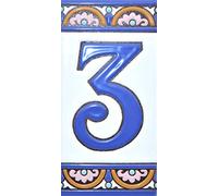 ART ESCUDELLERS House Number Tile. Handcrafted Spanish Ceramic. ARCO GRANDE Design, 5.86" x 2.91". Number Three '3'.