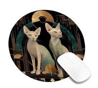 Art Feline Mouse Pad, Black and Gold Sphinx Cats Design, Elegant Decorative Office Accessory, Rubber Non-Slip Gaming Mousepad for Home and Work Round 8x8 Inch
