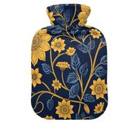 Art Floral Ethnic Gold Blue Water Bottle for hot Water with Soft Cover, 2L hotwater Bag for Menstrual Cramps, Hand Feet Warmer, Bolsa para agua Caliente