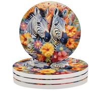 Art Flower Animal Zebra Print Coasters for Drinks Set of 4, Absorbent Ceramic Drink Coasters with Cork Base,for Coffee Tea Glasses Table Protection