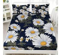 Art Flowers Daisies 4Ft Small Double Fitted Bed Sheet - Hotel Luxury Breathable Fitted Sheet Deep Pocket 12 inch White Soft & Comfy Brushed Bed Sheet with 2 Pillowcases for Kids