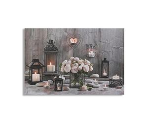 Art For The Home Cosy Cottage LED Printed Canvas - Natural, Grey & Pink Wall art - Framed LED Canvas - Traditional wood & floral photographic design - Smooth texture - Cover for small cracks