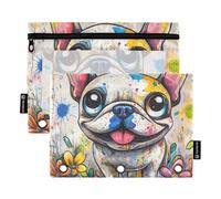 Art French Dog Binder Folder with Clear Window Zippered Pencil Bag with Zipper Reinforced Grommets 3 Hole Binder for Office Supplies Multicolored 2 PCS