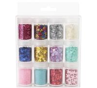 Art Glitter Flakes Set, 12 Jars, Multicolour Metallic Foil Sequins, Crushed Stones and Star and Heart Shapes
