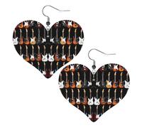 Art Guitar Pattern Double-Sided Faux Leather Large Dangle Earrings for Women Heart-Shape Lightweight Spring Winter Decorative Earrings for Holiday Concert Party Decor Gifts