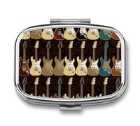 Art Guitar Pattern Pill Box 2 Compartments Portable Travel Pill Case Mini Medicine Organizer for Pocket Purse Metal Waterproof Medicine Container Holder Vitamin Fish Oil