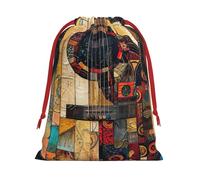 Art Guitar Pattern Print Christmas Drawstring Gift Bags, Xmas Holiday Fabric Gift Wrapping Bag For Party, Size-L