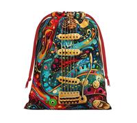 Art Guitar Pattern Print Christmas Drawstring Gift Bags, Xmas Holiday Fabric Gift Wrapping Bag For Party, Size-L