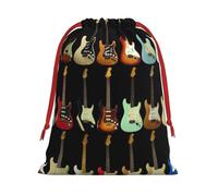 Art Guitar Pattern Print Christmas Drawstring Gift Bags, Xmas Holiday Fabric Gift Wrapping Bag For Party, Size-L