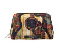 Art Guitar Pattern Print Premium Leather Toiletry Travel Pouch with Waterproof Portable Pouch Open Flat Makeup Bag