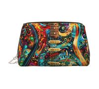 Art Guitar Pattern Print Premium Leather Toiletry Travel Pouch with Waterproof Portable Pouch Open Flat Makeup Bag