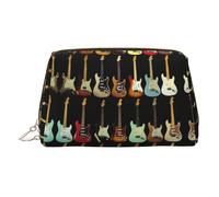 Art Guitar Pattern Print Premium Leather Toiletry Travel Pouch with Waterproof Portable Pouch Open Flat Makeup Bag